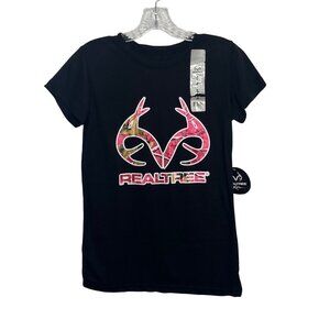 Realtree Camo Logo Short Sleeve Tshirt Womens Small Black Pink New Hunting